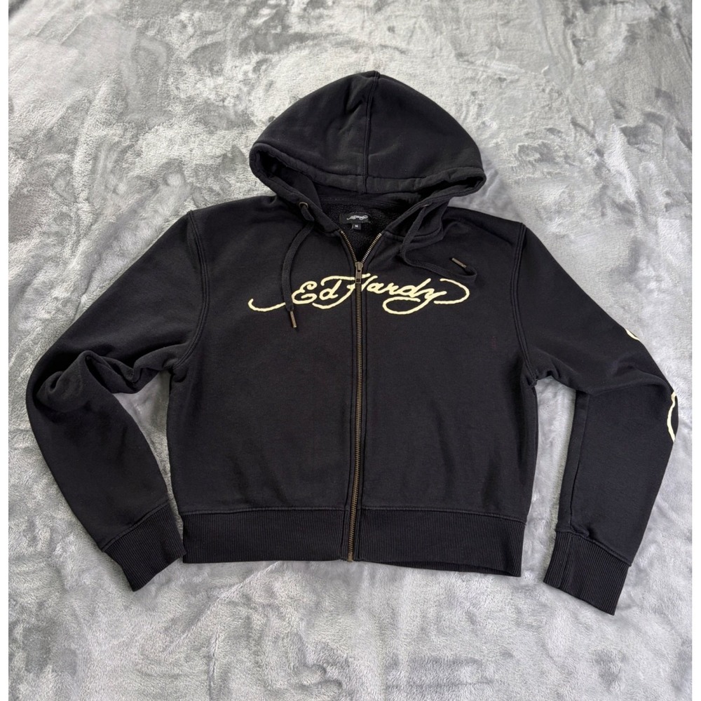 Ed Hardy Y2K‎ Skull and Snake Graphic Womens M Black Hoodie Grunge Black 2000's